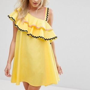 Asos rik rak ruffle trim dress yellow size 2